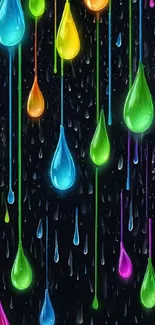 Colorful raindrops cascading on dark background.