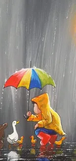 Child with colorful umbrella in rainy scene with lamp and animals.