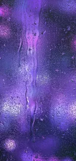 Colorful rainy window with purple bokeh lights.
