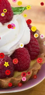 Raspberry tart with whipped cream and colorful floral accents on a pink plate.