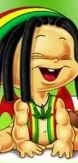 Colorful cartoon character with Rasta theme on green background.