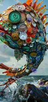 Colorful fish sculpture made from recycled materials with ocean backdrop.