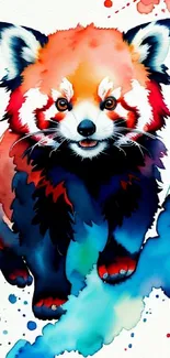 Colorful watercolor red panda illustration with vibrant splashes.