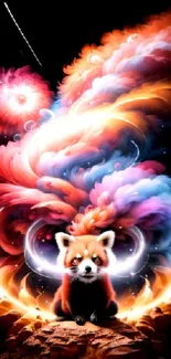 Vivid fantasy art wallpaper with a red panda and colorful swirling lights.