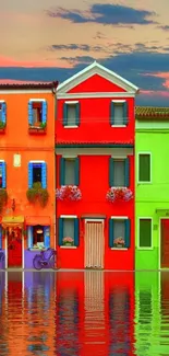 Colorful row of houses reflected in water at dusk.