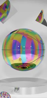 A colorful reflective orb with abstract shapes floating in a gray space.