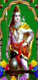 Colorful religious themed phone wallpaper with green backdrop and intricate design.