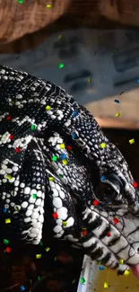 Reptile with colorful confetti background.