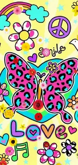 Bright retro wallpaper with butterfly, peace signs, and colorful flowers.