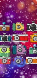 Colorful retro cameras on a purple backdrop.