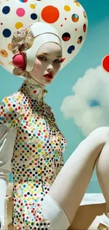 A model in polka dot fashion against a bright sky backdrop.