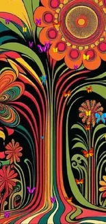 Vibrant retro floral art wallpaper with colorful designs and abstract patterns.