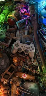 Vibrant retro gaming collage with controllers and memorabilia.