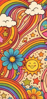 Colorful retro wallpaper with rainbows, stars, and peace signs.