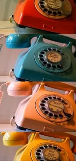 Colorful retro rotary phones stacked together.