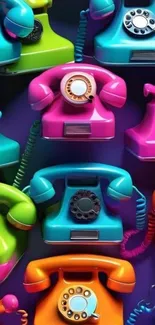 Colorful retro phones pattern wallpaper with neon hues.