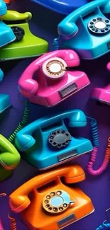 Colorful retro rotary phones on a vibrant wallpaper.