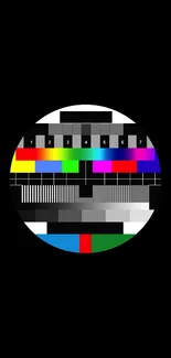 Colorful retro TV test pattern on black background.