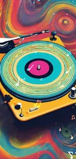 Colorful retro turntable with swirling music notes.