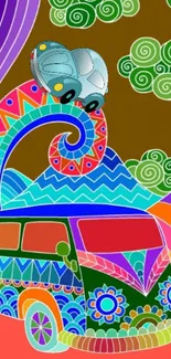 Psychedelic retro van with colorful patterns and vibrant design.