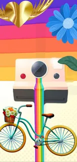 Retro vibe mobile wallpaper with camera, rainbow, and bike.