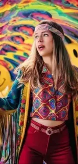 Vibrant woman in bohemian 70s attire against a psychedelic background.