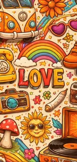 Colorful retro-themed mobile wallpaper with 70s elements.