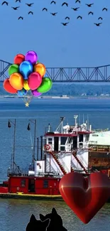 River scene with colorful balloons and a heart over a boat.