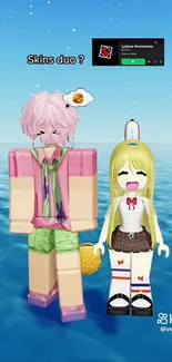 Two colorful Roblox characters on a beach with a bright ocean backdrop.