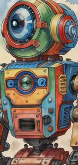 Colorful steampunk-inspired robot wallpaper with vibrant design.