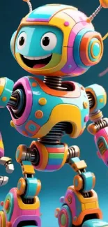 Vibrant cartoon robot with colorful design on a blue background.