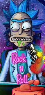 Cartoon character with neon rock theme in galaxy.