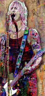 Vivid artistic wallpaper of a rock musician with a guitar in colorful hues.