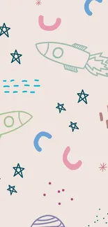 Whimsical mobile wallpaper with rockets and stars on pastel pink.