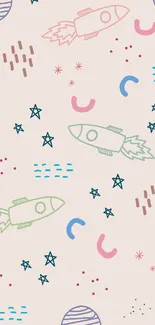 Colorful rockets and stars pattern on beige background wallpaper.