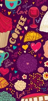 Whimsical doodle wallpaper with coffee, love, and pastries.