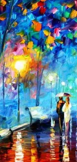 Colorful evening couple artwork with umbrella and street lights.