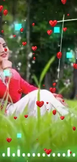 Woman in traditional attire with hearts in lush green field.