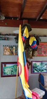 Room with colorful flags and hats, vibrant decor.