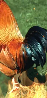 Colorful rooster standing amidst fiery backdrop.