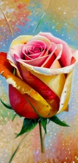 Vibrant multicolored rose with detailed artistic design on a mobile wallpaper.