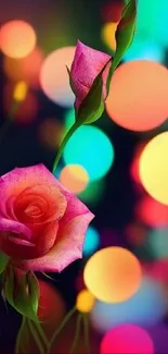 Vibrant rose and bokeh lights wallpaper for mobile screen.