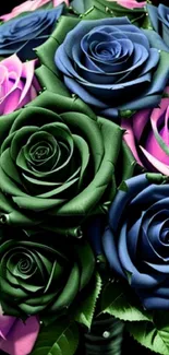 Colorful bouquet of blue, green, and purple roses.