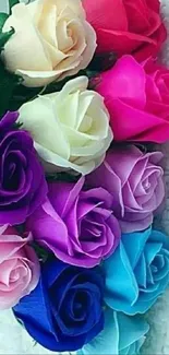 A vibrant bouquet of multicolored roses on a white background.