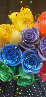 Colorful rose bouquet with glitter confetti, perfect for bright mobile wallpaper.