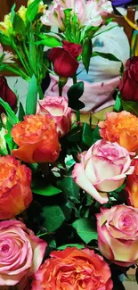 Vivid bouquet of pink, orange, and red roses with lush green leaves.