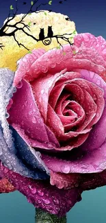 Vibrant rose with dewdrops and bird silhouettes on branch.