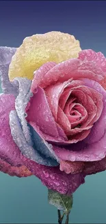 Colorful rose with dewdrops on petals against gradient background.