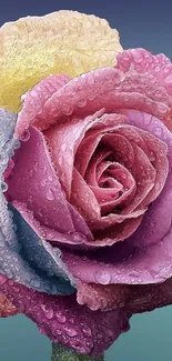 Vibrant multicolored rose with dewdrops in close-up view.