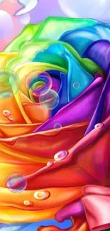 Digital art of a colorful rainbow rose with water droplets.